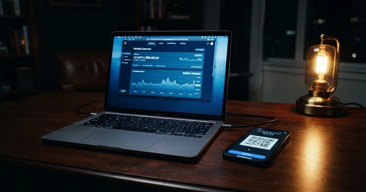 A laptop screen shows a cryptocurrency wallet balance next to a phone displaying a QR code, on a desk at night.