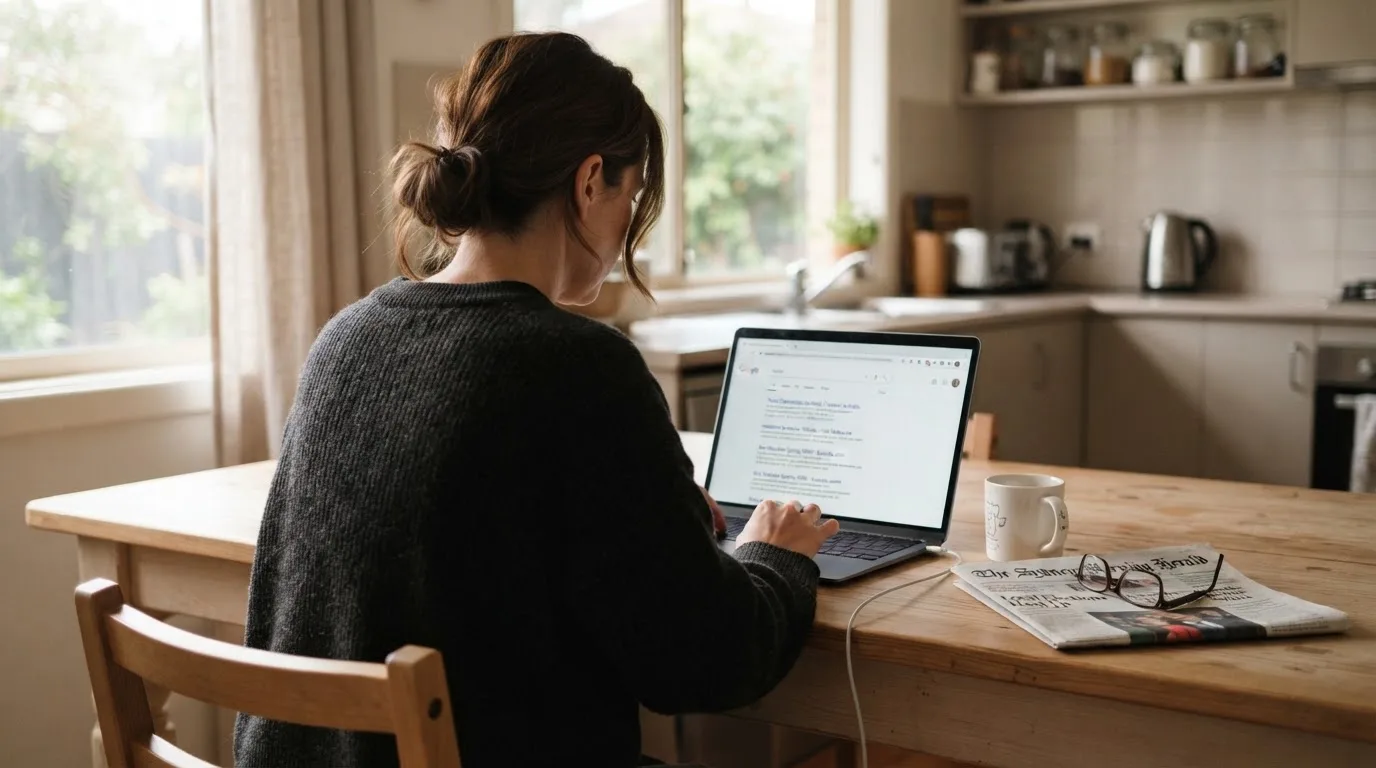 A person sits at a kitchen table, scrolling a laptop showing a general search results page about identity checks at casinos.