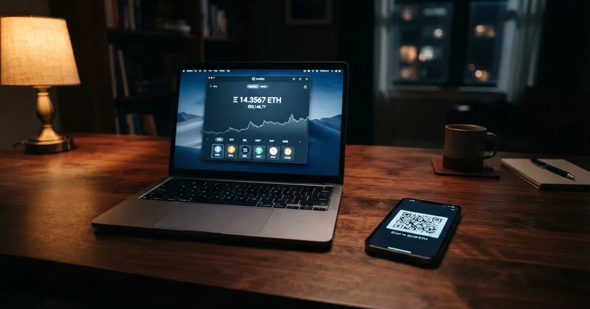 A laptop screen shows a cryptocurrency wallet balance next to a phone displaying a QR code, on a desk at night.