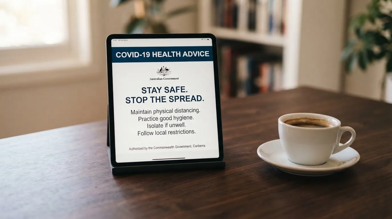 A tablet on a desk displays a plain government-style warning notice page, with a coffee cup beside it.