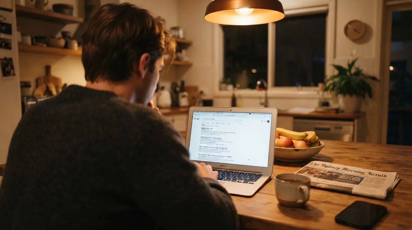 A person sits at a kitchen table, scrolling a laptop showing a general search results page about deposit limits.