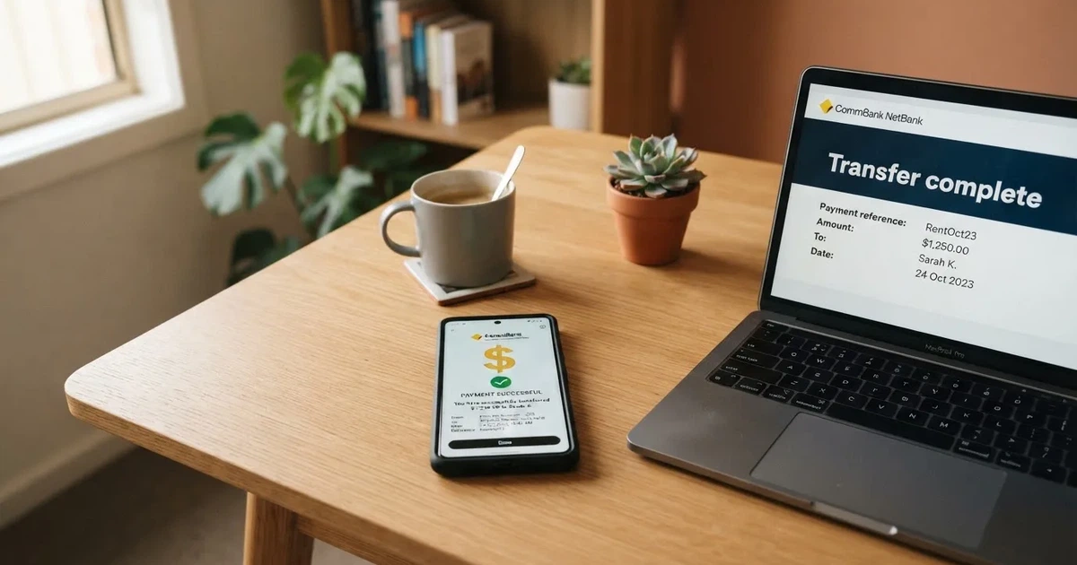 Close-up of a smartphone banking app open beside a laptop on a home desk, mid-transfer.