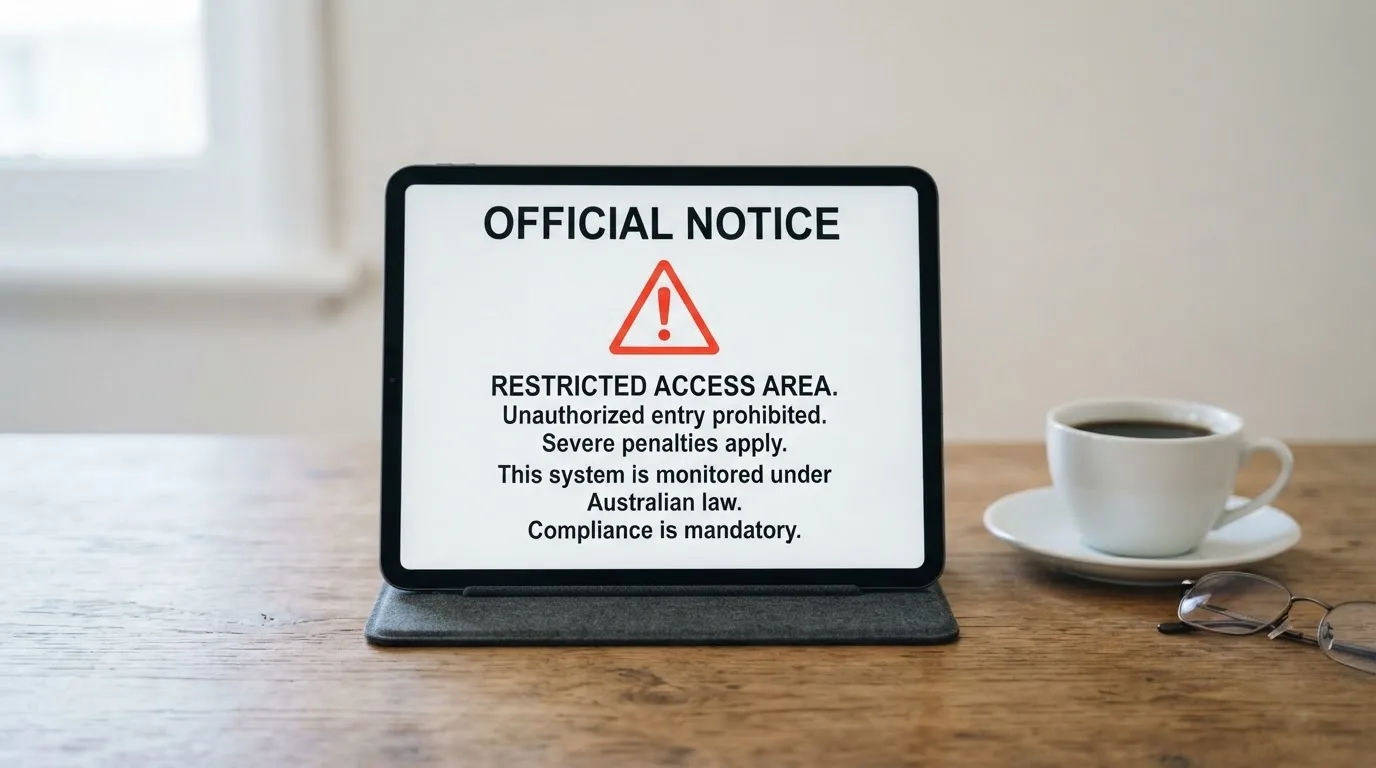 A tablet on a desk displays a plain government-style warning notice page, with a coffee cup beside it.