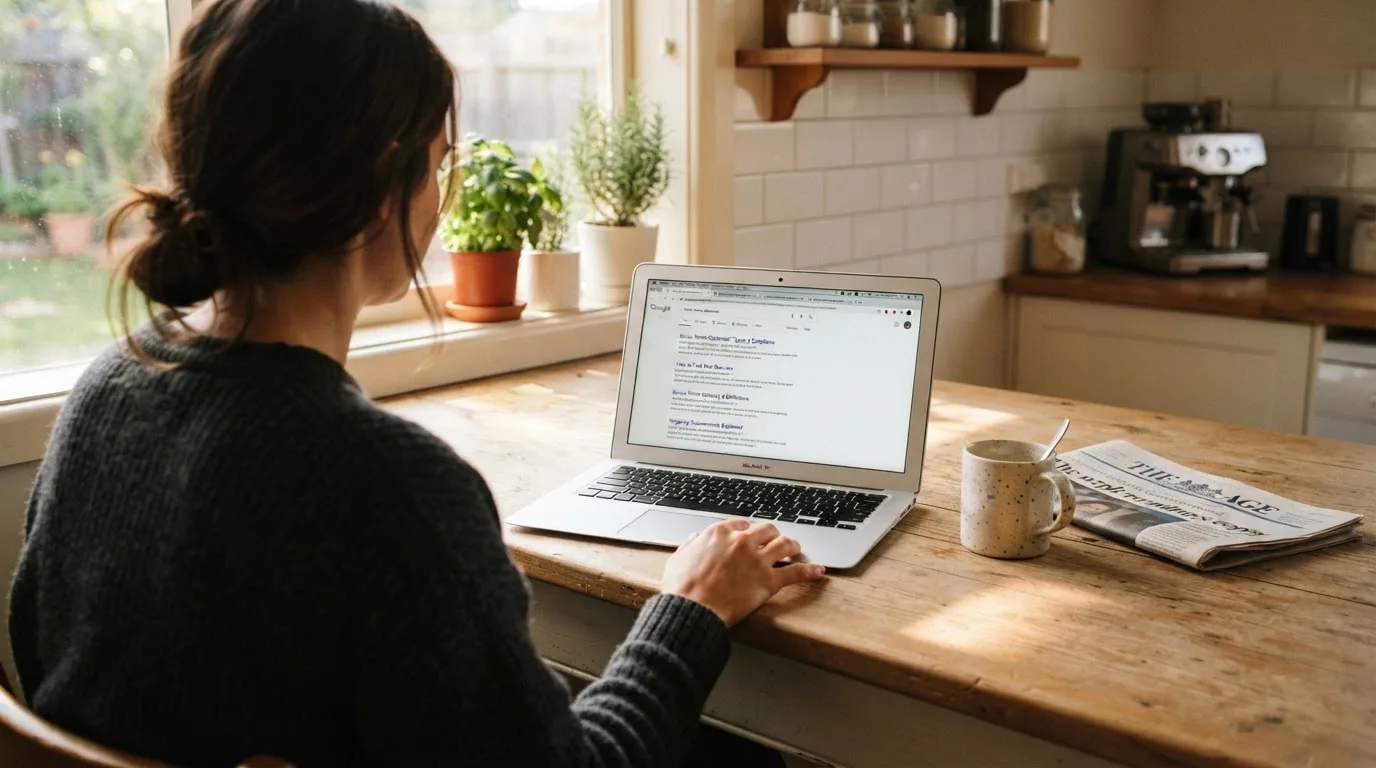 A person sits at a kitchen table, scrolling a laptop showing a general search results page about bonus terms.