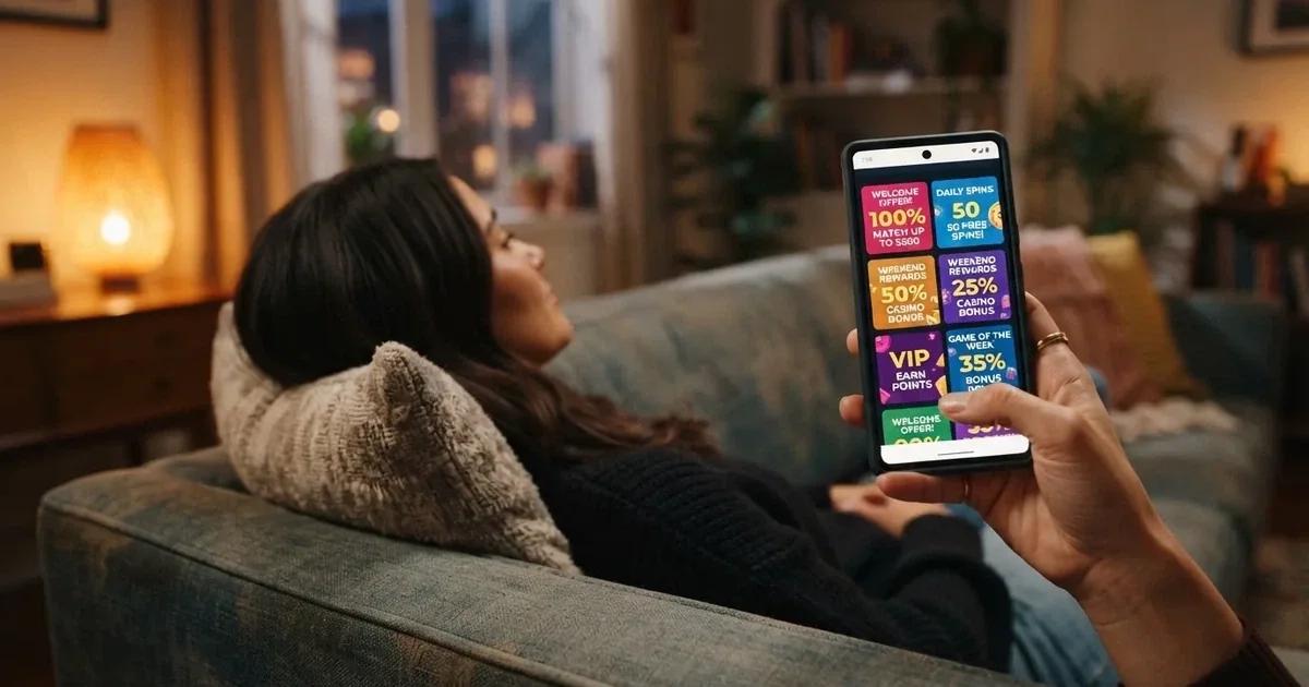 A phone screen shows a list of promotional bonus tiles as someone scrolls with one thumb on a couch.