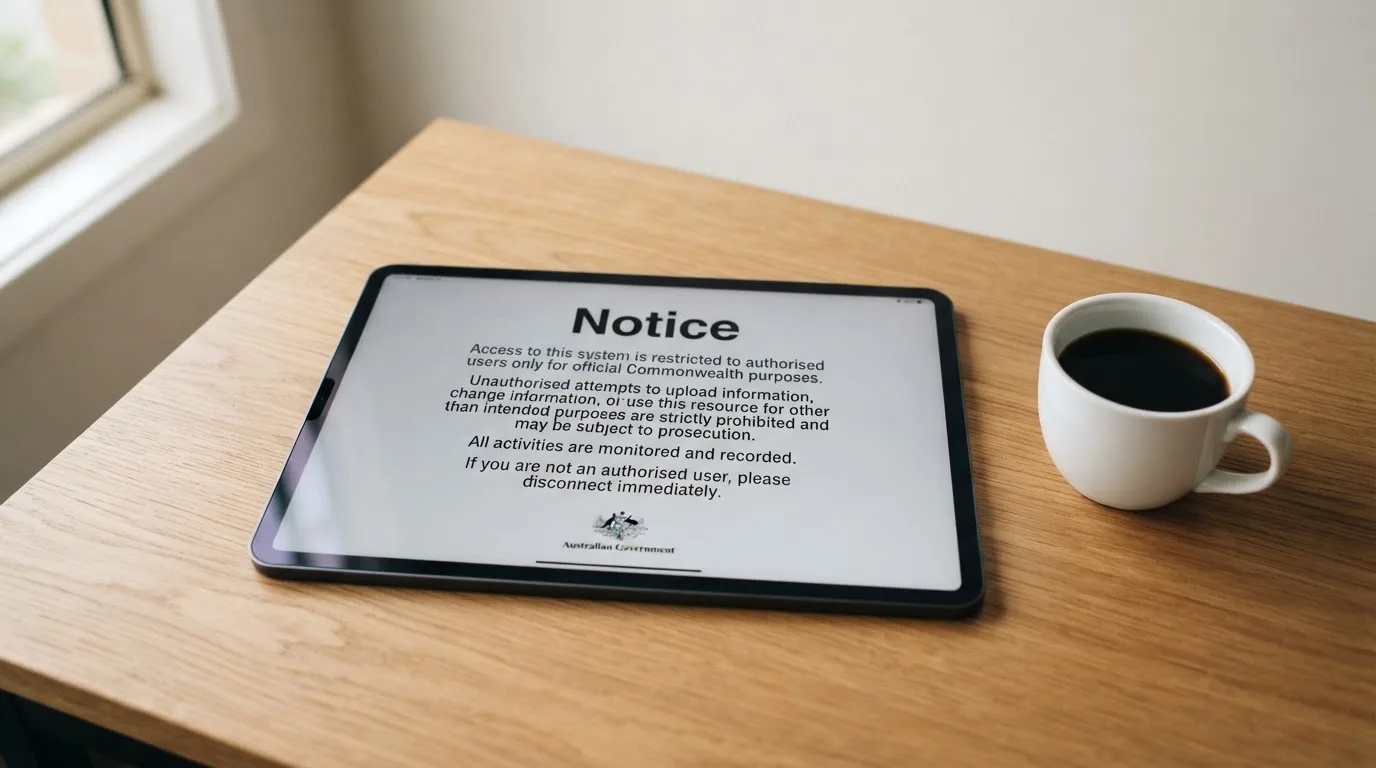 A tablet on a desk displays a plain government-style warning notice page, with a coffee cup beside it.