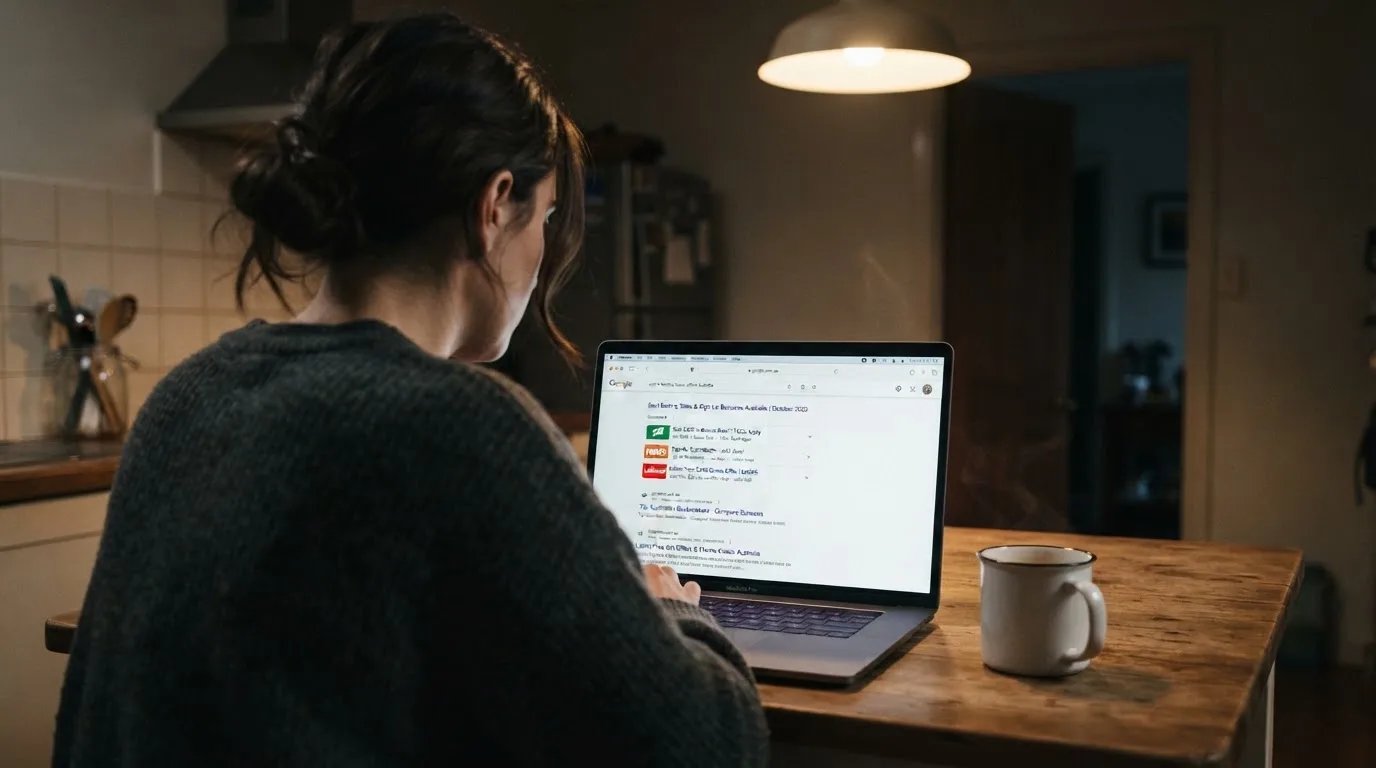 A person sits at a kitchen table in the evening, scrolling a laptop showing a general search results page about bonus offers.