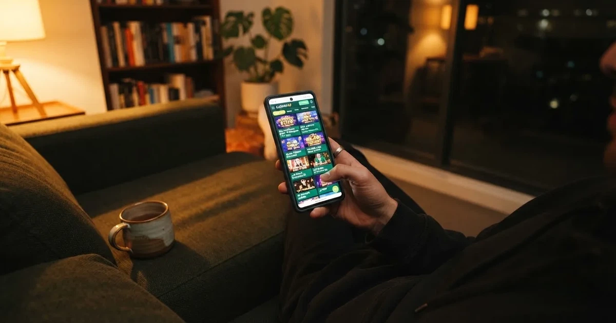 A phone screen shows a list of promotional bonus tiles as someone scrolls with one thumb on a couch.
