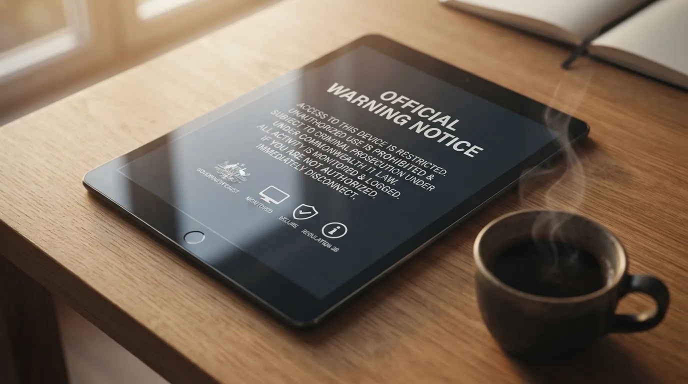 A tablet on a desk displays a plain government-style warning notice page, with a coffee cup beside it.