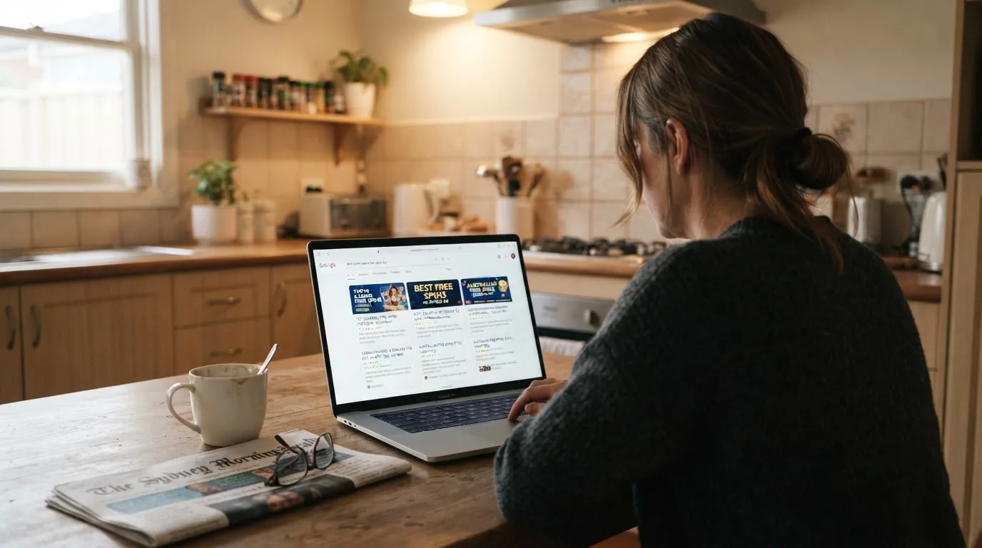 A person sits at a kitchen table, scrolling a laptop showing a general search results page about free spins offers.