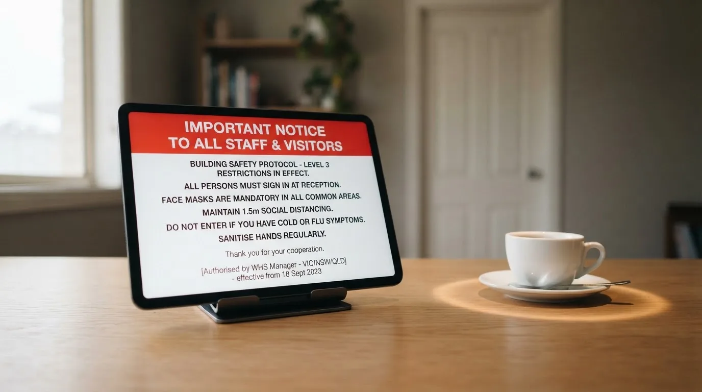 A tablet on a desk displays a plain government-style warning notice page, with a coffee cup beside it.
