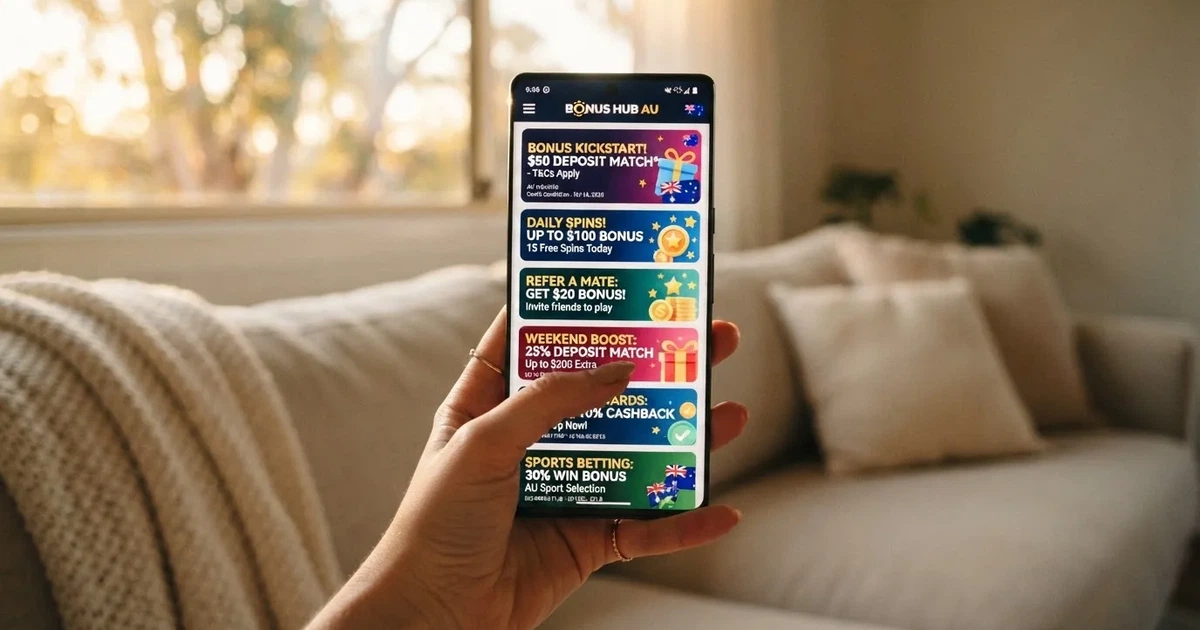 A phone screen shows a list of promotional bonus tiles as someone scrolls with one thumb on a couch.