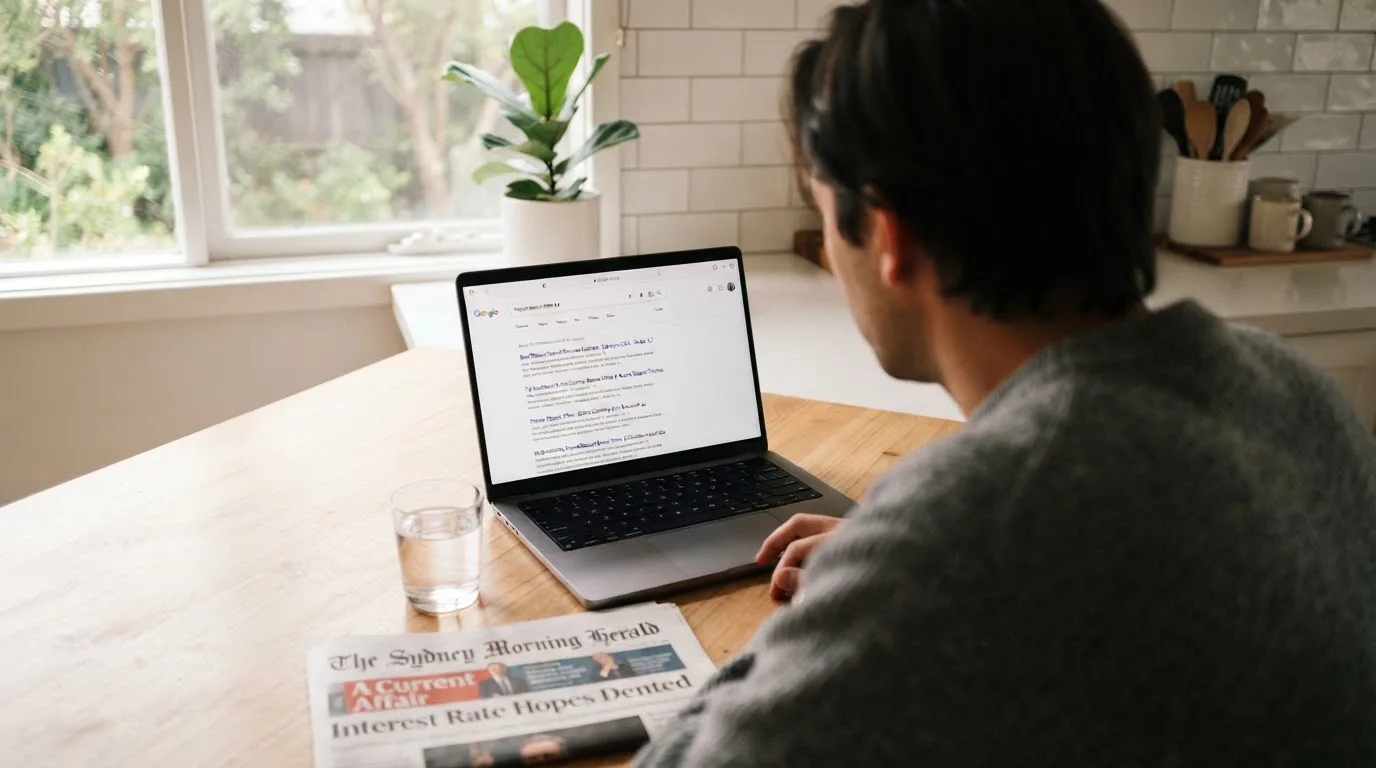 A person sits at a kitchen table, scrolling a laptop showing a general search results page about repeat-deposit offers.