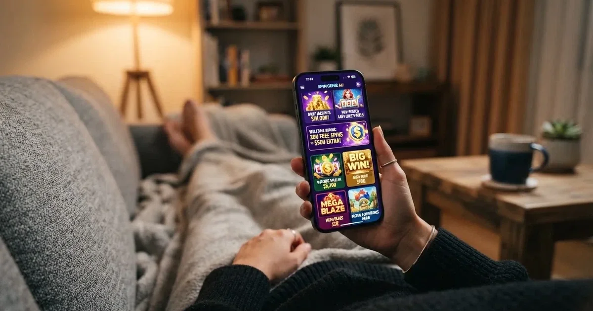 A phone screen shows a list of promotional bonus tiles as someone scrolls with one thumb on a couch.