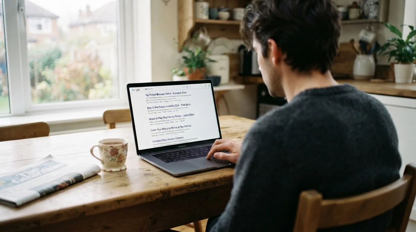 A person sits at a kitchen table, scrolling a laptop showing a general search results page about pokies offers.