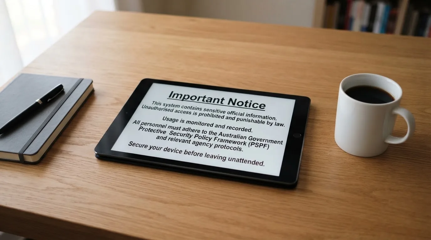 A tablet on a desk displays a plain government-style warning notice page, with a coffee cup beside it.