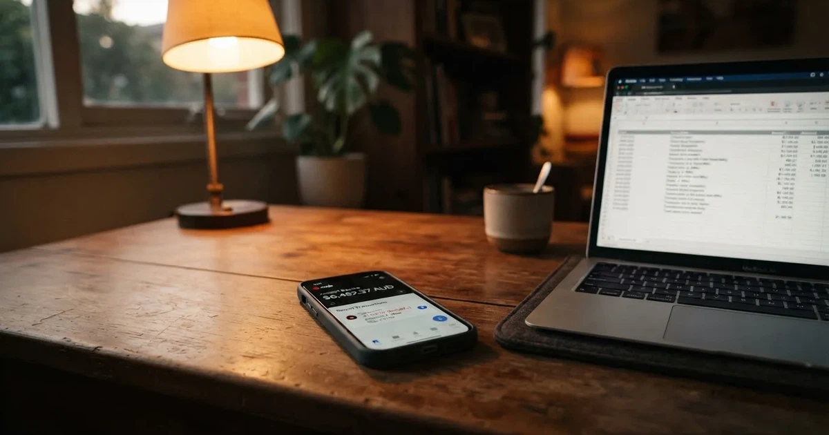 Close-up of a smartphone banking app open beside a laptop on a home desk, mid-transfer.