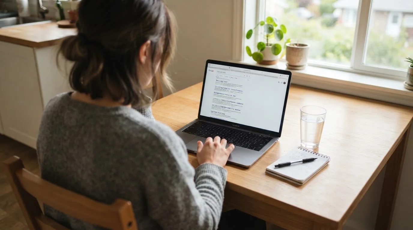 A person sits at a kitchen table, scrolling a laptop showing a general search results page about e-wallet options.