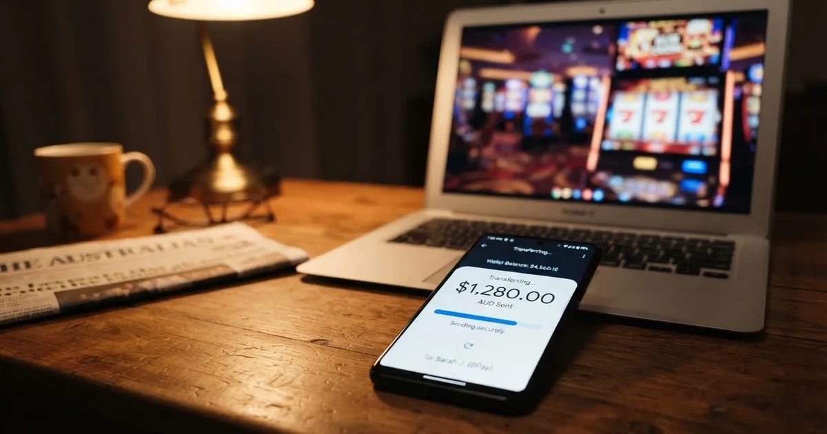 Close-up of a smartphone banking app open beside a laptop on a home desk, mid-transfer.