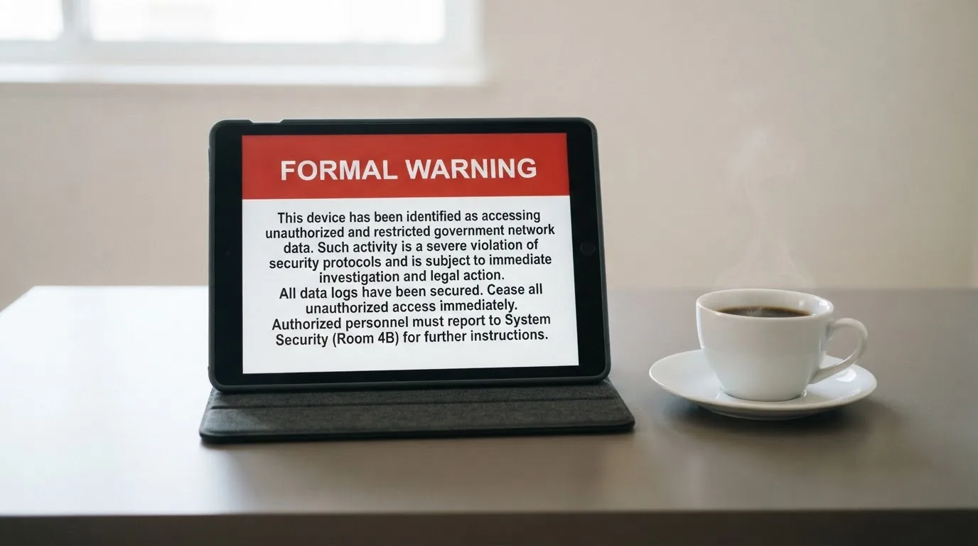 A tablet on a desk displays a plain government-style warning notice page, with a coffee cup beside it.