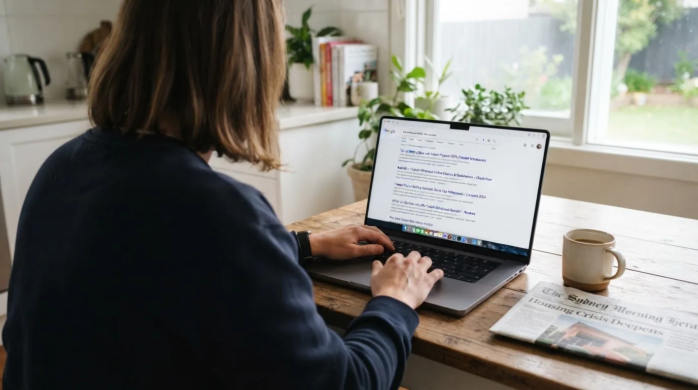 A person sits at a kitchen table, scrolling a laptop showing a general search results page about withdrawal speed.