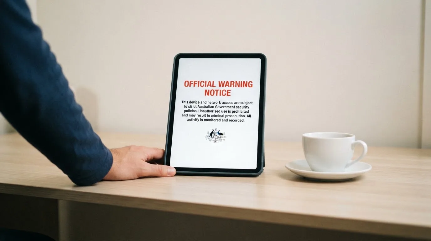 A tablet on a desk displays a plain government-style warning notice page, with a coffee cup beside it.