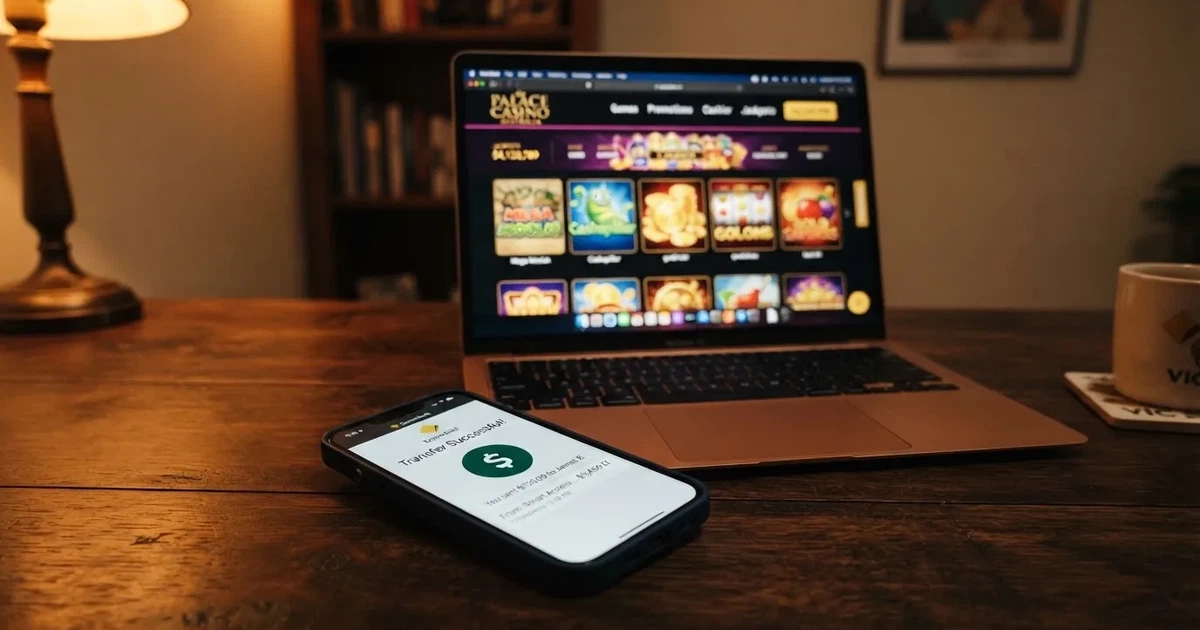Close-up of a smartphone banking app open beside a laptop on a home desk, mid-transfer.