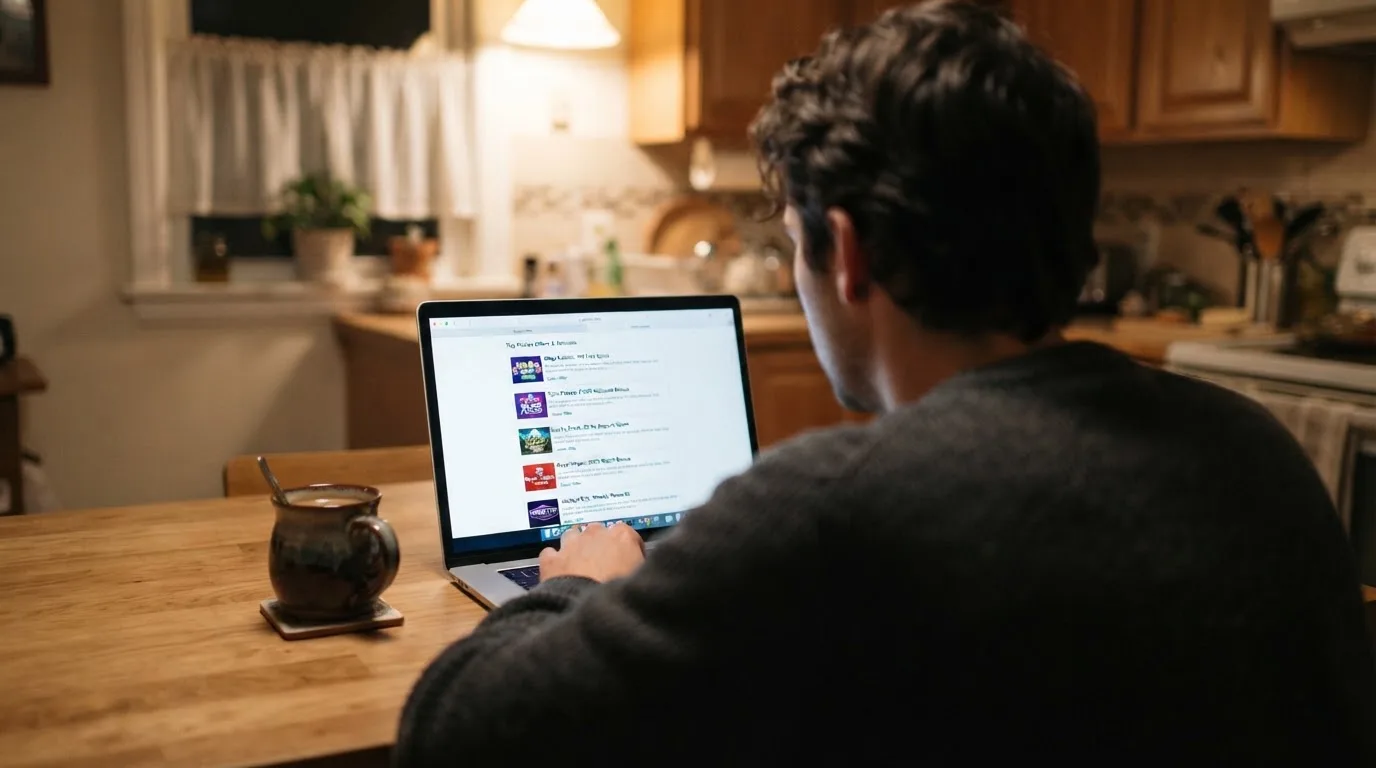 A person sits at a kitchen table, scrolling a laptop showing a general search results page about pokies bonus offers.
