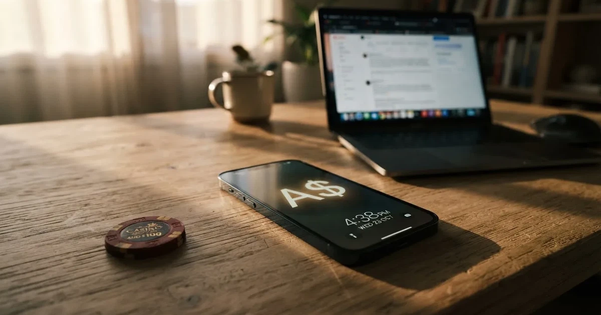 Close-up of a smartphone banking app open beside a laptop on a home desk, mid-transfer.