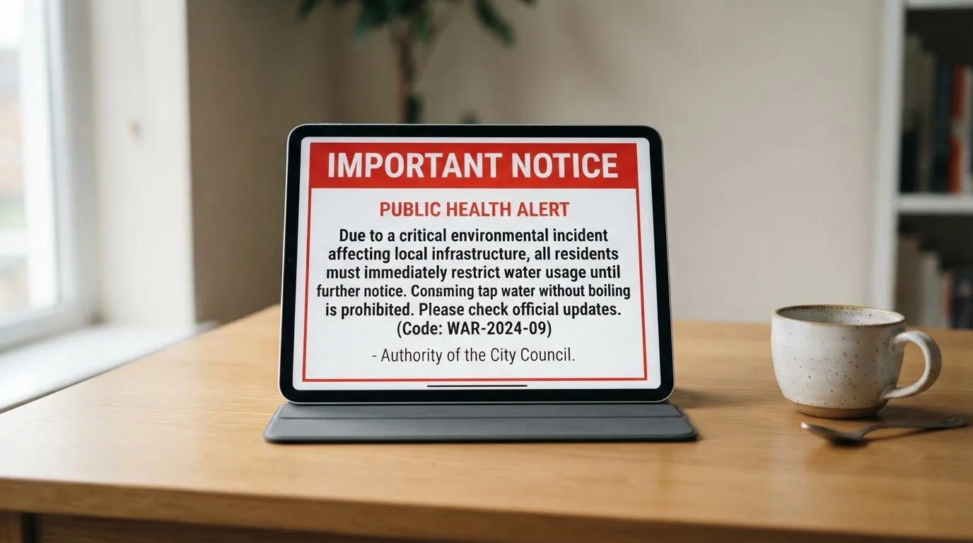 A tablet on a desk displays a plain government-style warning notice page, with a coffee cup beside it.