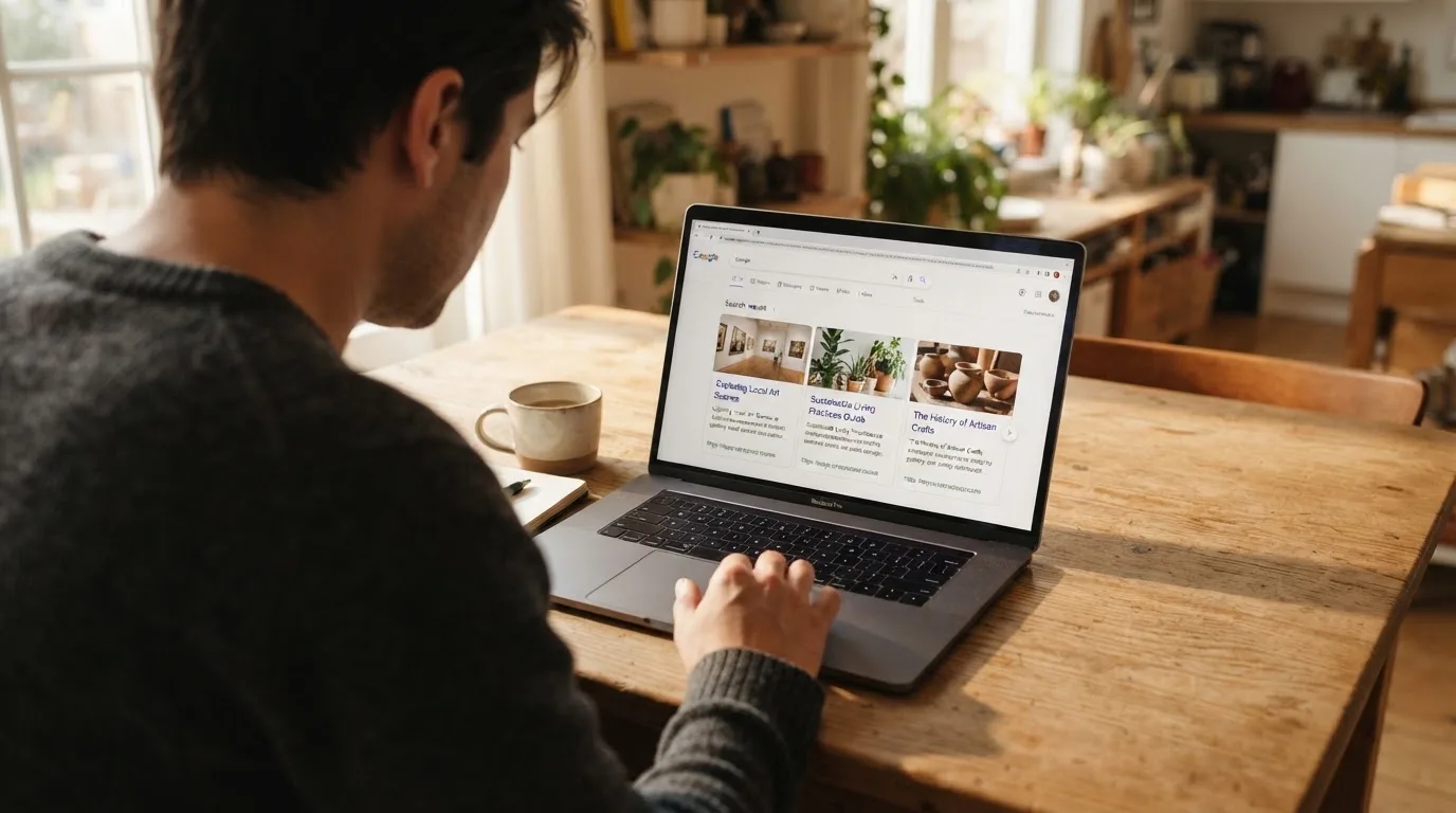 A person sits at a kitchen table, scrolling a laptop showing a general search results page about free spins offers.