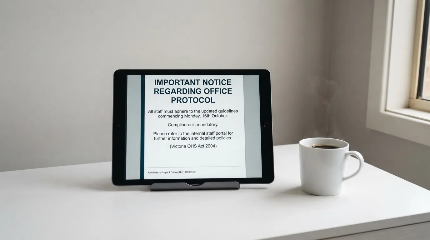 A tablet on a desk displays a plain government-style warning notice page, with a coffee cup beside it.