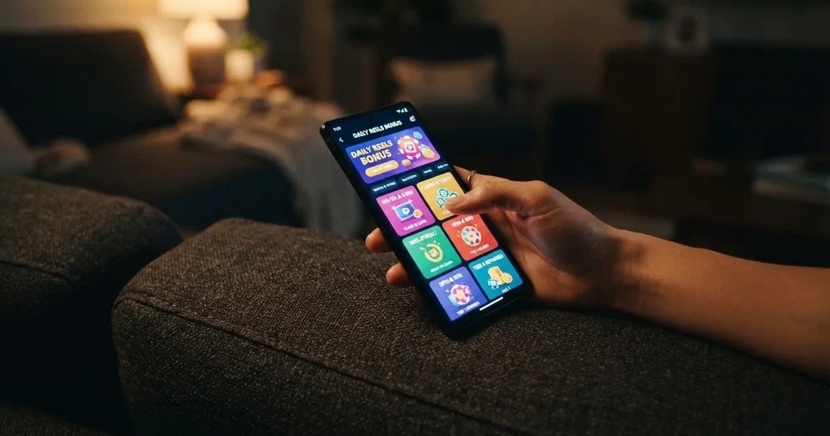 A phone screen shows a list of promotional bonus tiles as someone scrolls with one thumb on a couch.