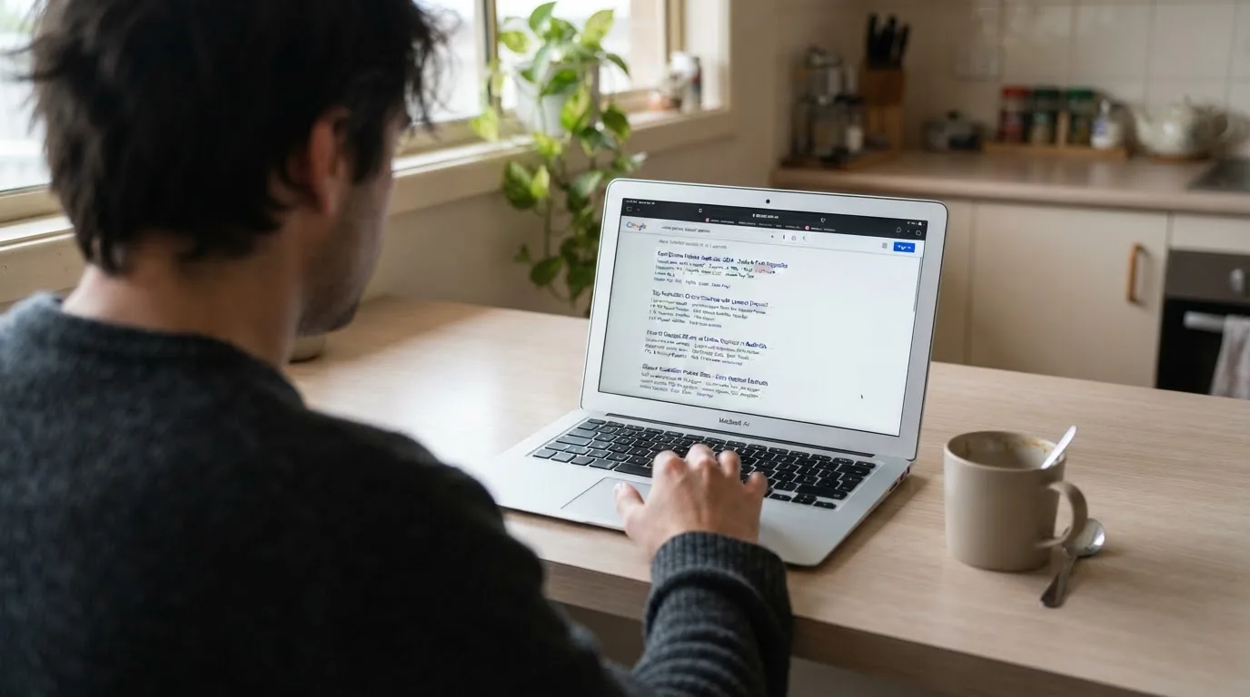 A person sits at a kitchen table, scrolling a laptop showing a general search results page about pokies deposit options.