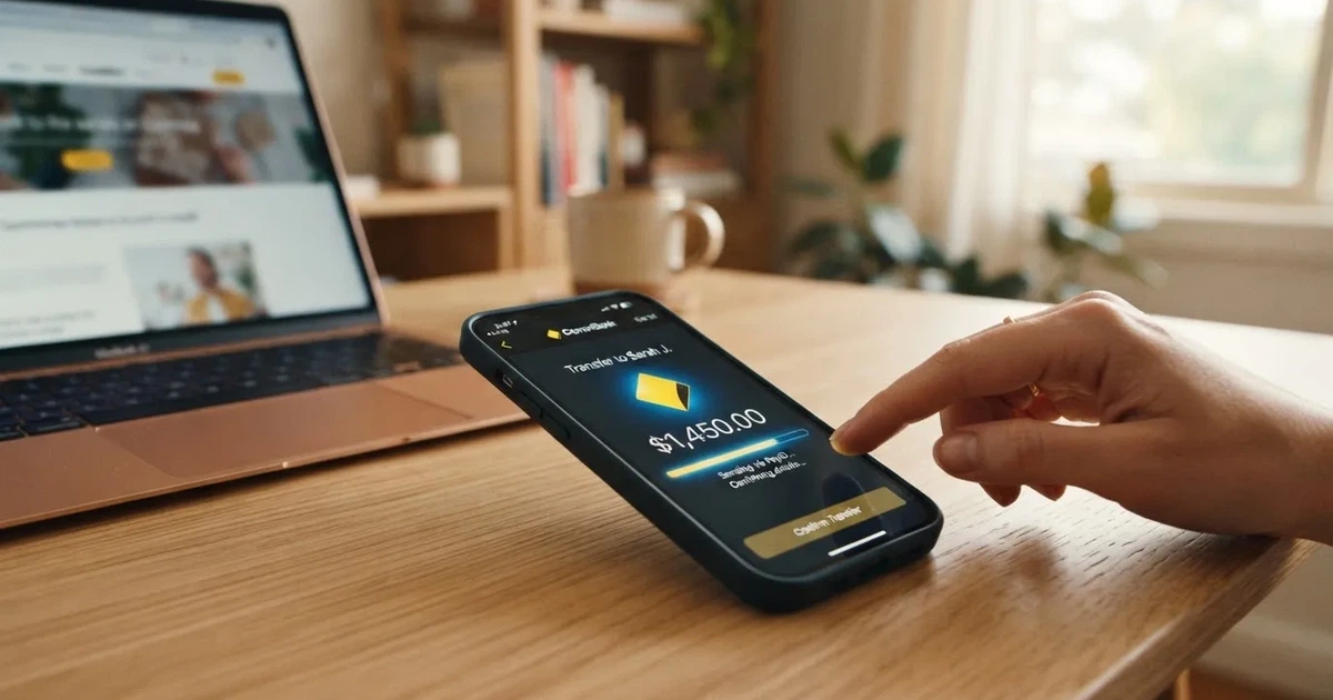 Close-up of a smartphone banking app open beside a laptop on a home desk, mid-transfer.