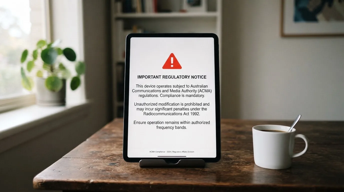 A tablet on a desk displays a plain government-style warning notice page, with a coffee cup beside it.