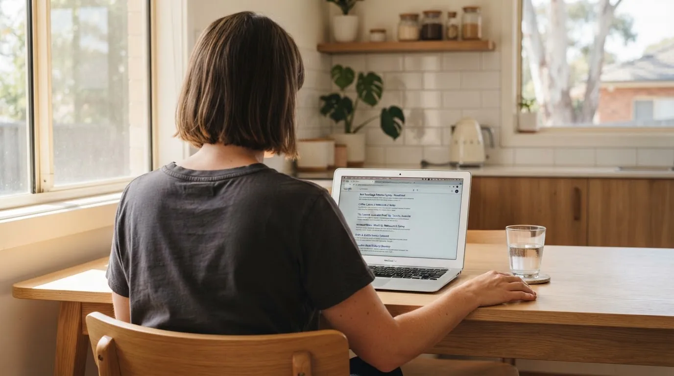 A person sits at a kitchen table, scrolling a laptop showing a general search results page about phone-bill deposits.