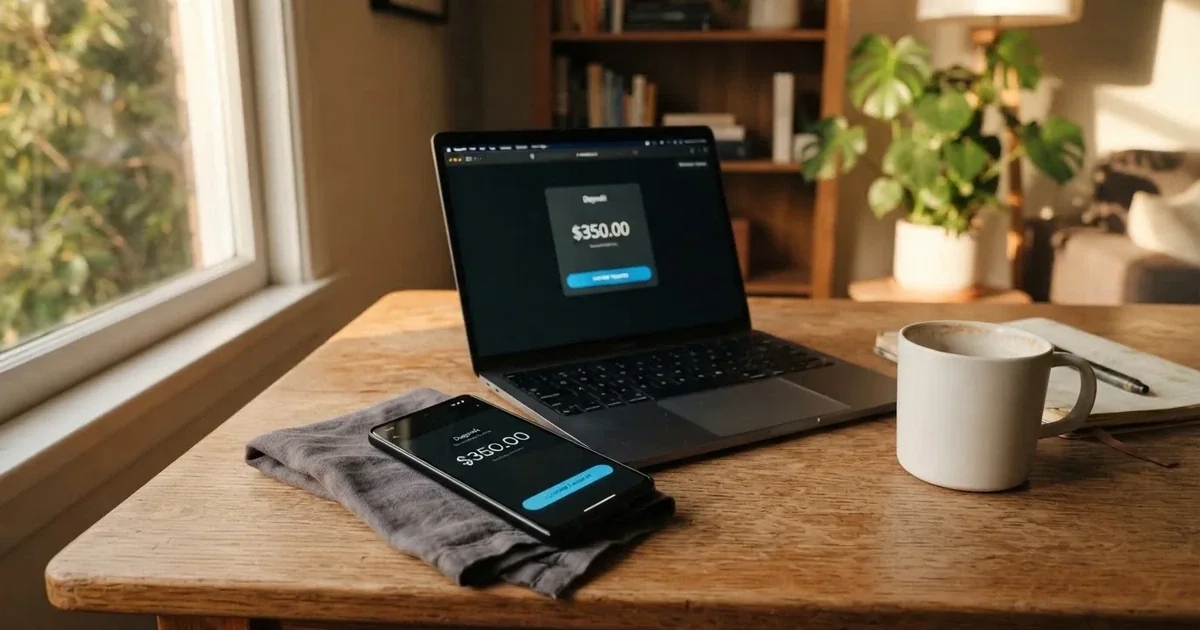 Close-up of a smartphone banking app open beside a laptop on a home desk, mid-transfer.
