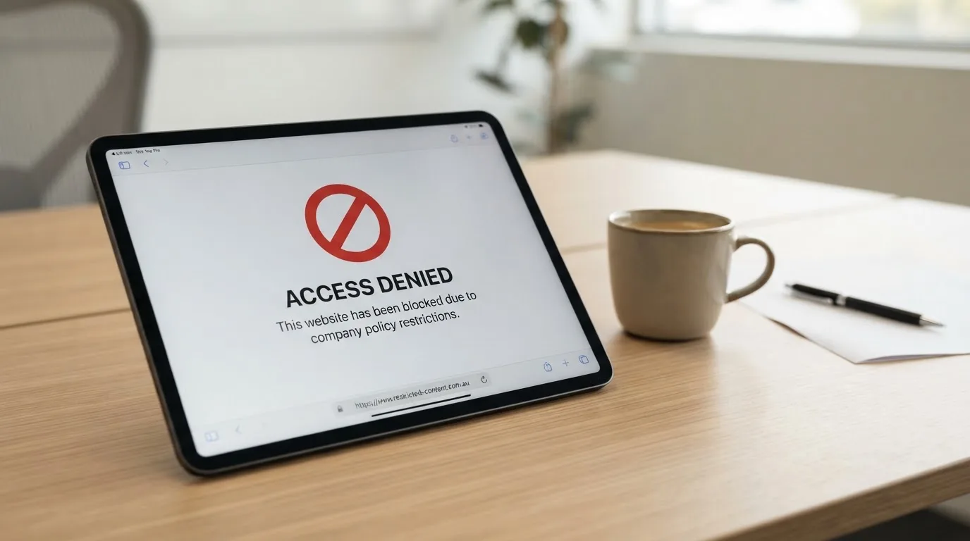 A tablet on a desk displays a plain government-style warning notice page, with a coffee cup beside it.
