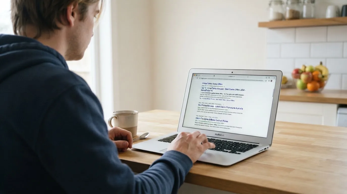 A person sits at a kitchen table, scrolling a laptop showing a general search results page about pokies bonus claims.