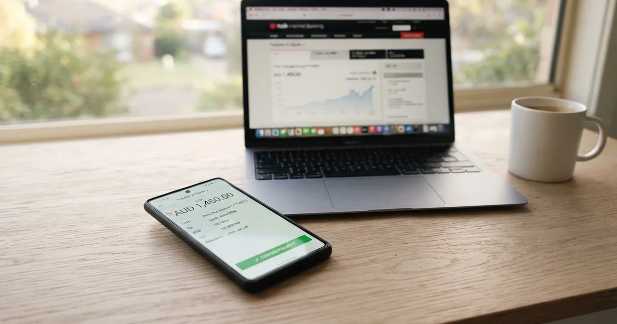 Close-up of a smartphone banking app open beside a laptop on a home desk, mid-transfer.