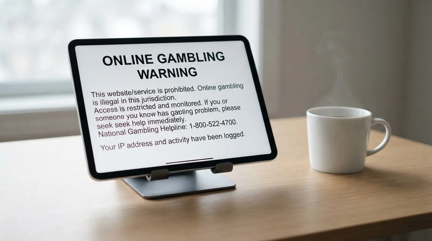 A tablet on a desk displays a plain government-style warning notice page, with a coffee cup beside it.
