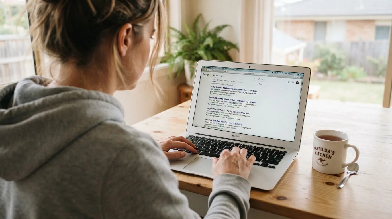 A person sits at a kitchen table, scrolling a laptop showing a general search results page about the Plinko game.