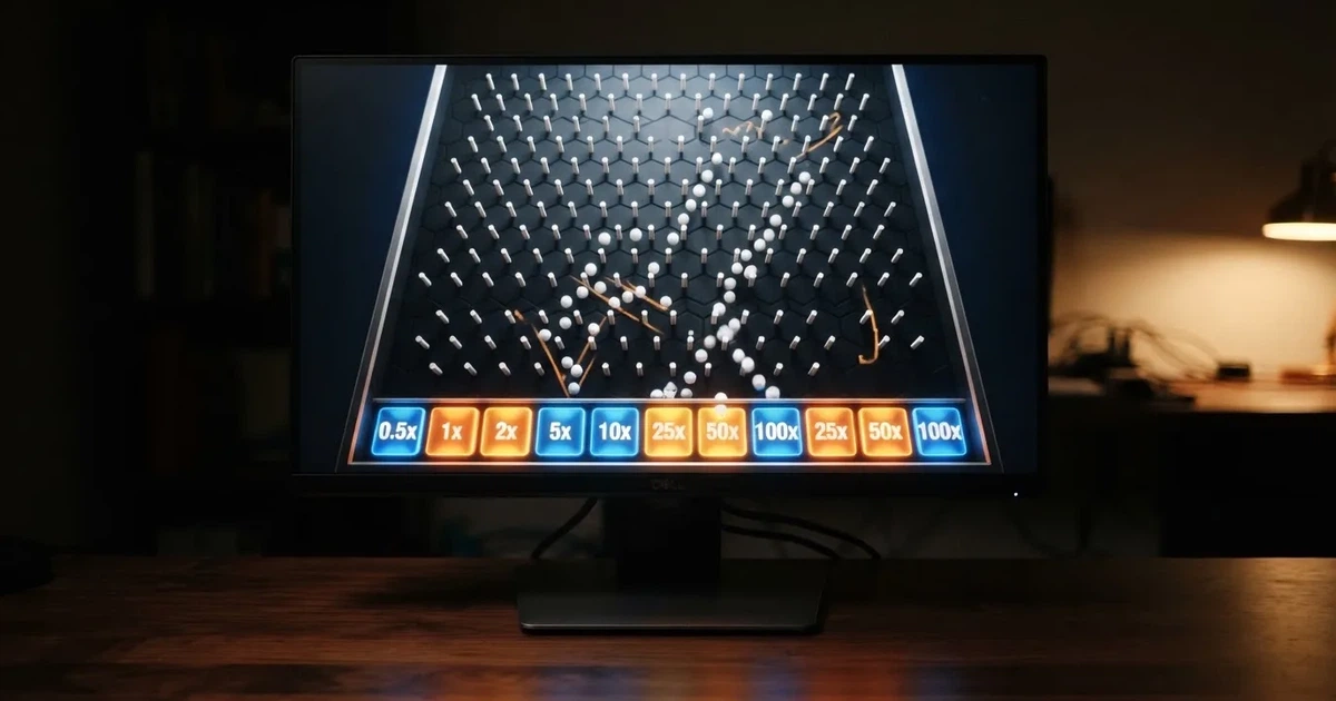 A close-up of a Plinko-style game board with pegs and multiplier slots shown on a monitor.