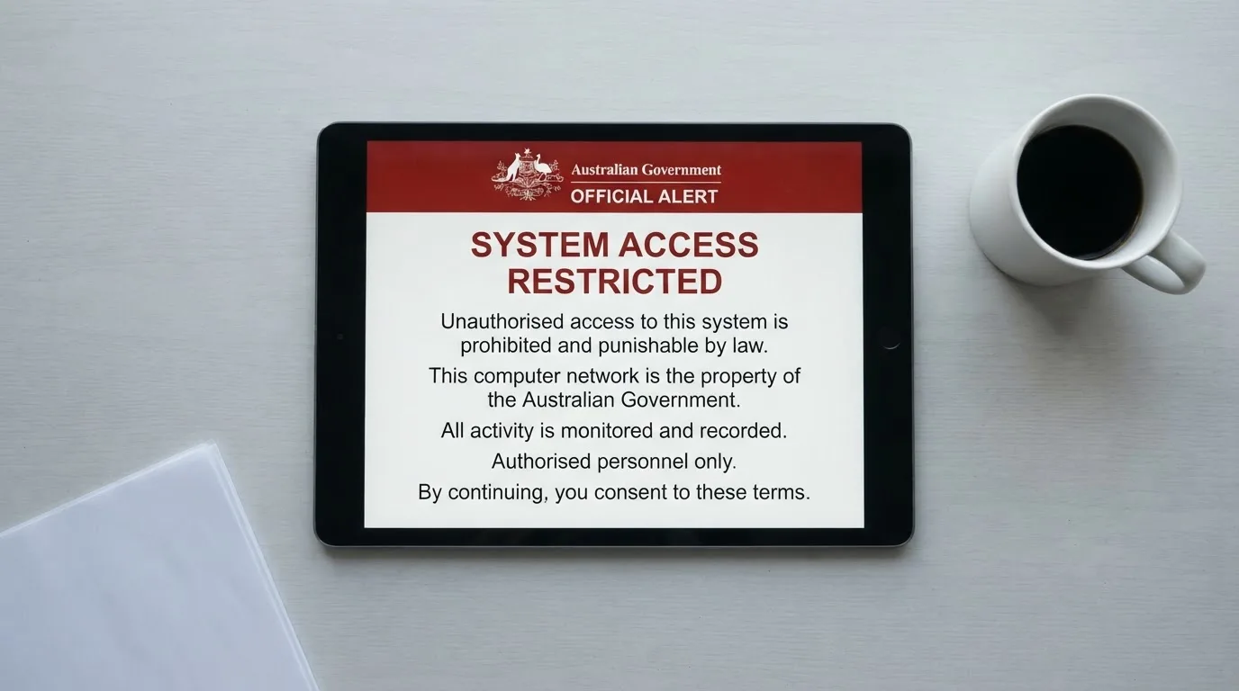 A tablet on a desk displays a plain government-style warning notice page, with a coffee cup beside it.