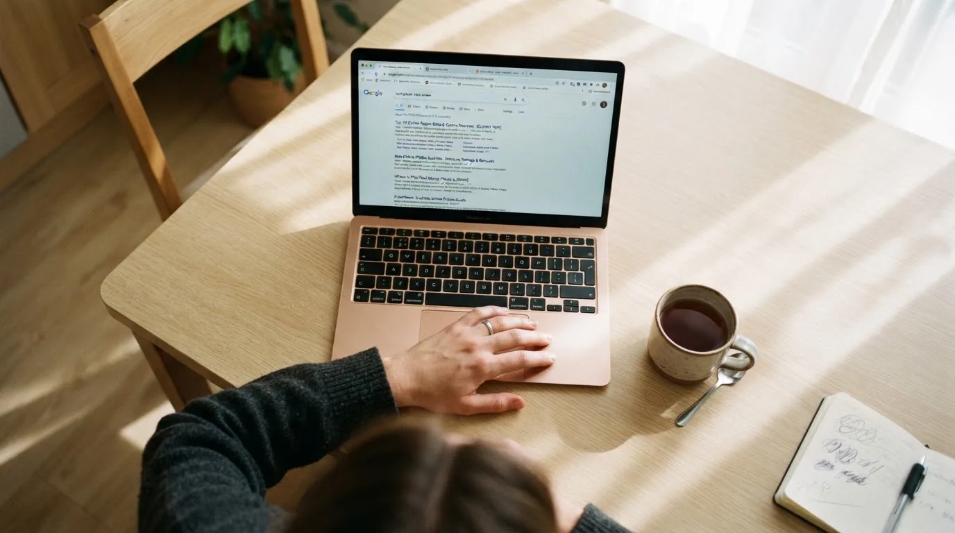 A person sits at a kitchen table, scrolling a laptop showing a general search results page about a review of a pokies site.