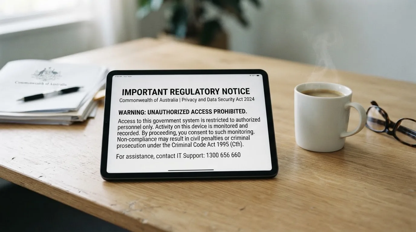 A tablet on a desk displays a plain government-style warning notice page, with a coffee cup beside it.