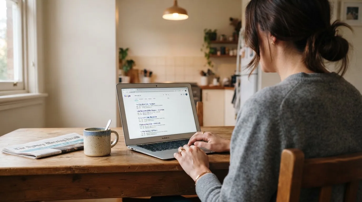 A person sits at a kitchen table, scrolling a laptop showing a general search results page about nearby venues.