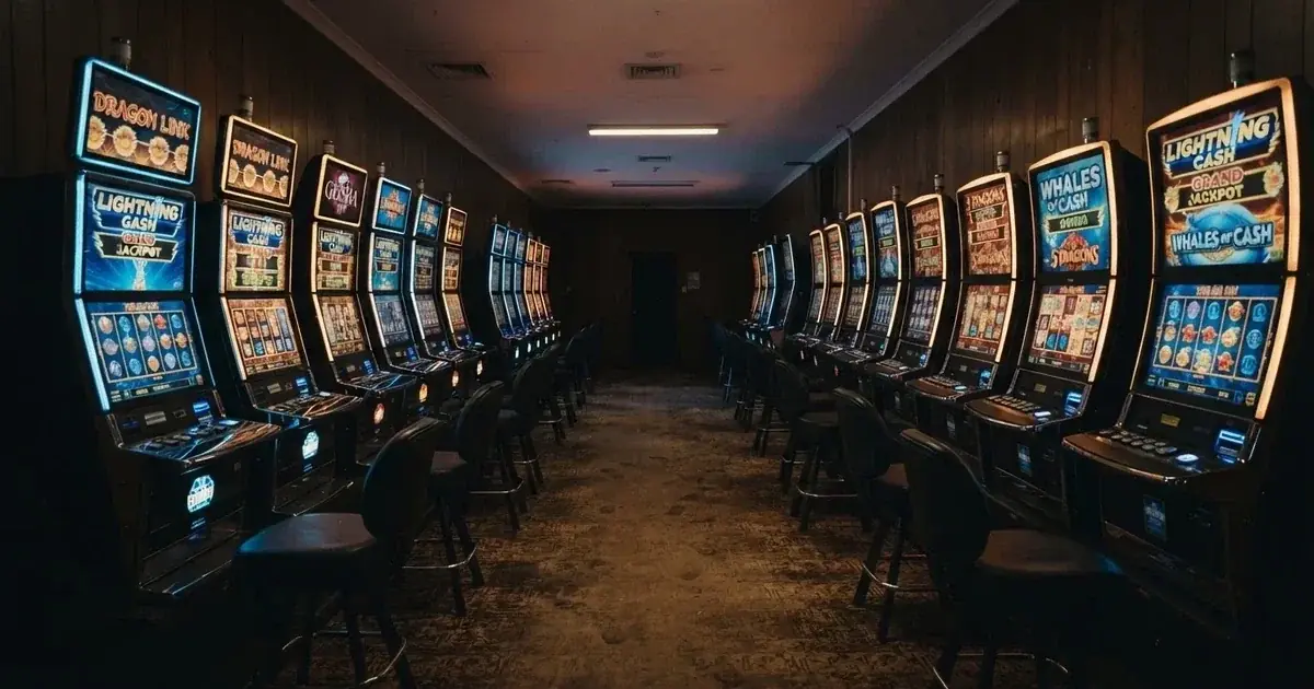 The interior of an Australian pub gaming room with rows of poker machines under dim lighting, no patrons visible.