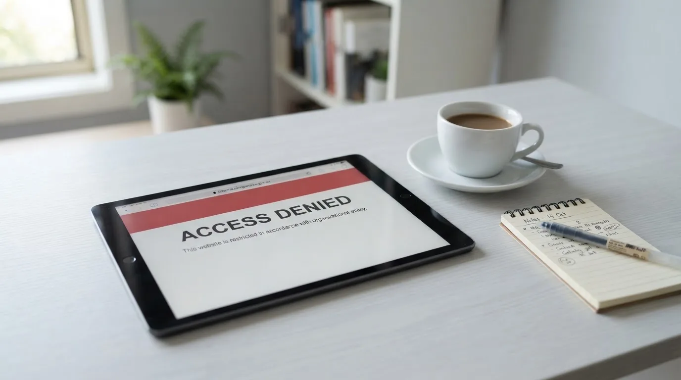 A tablet on a desk displays a plain government-style warning notice page, with a coffee cup beside it.